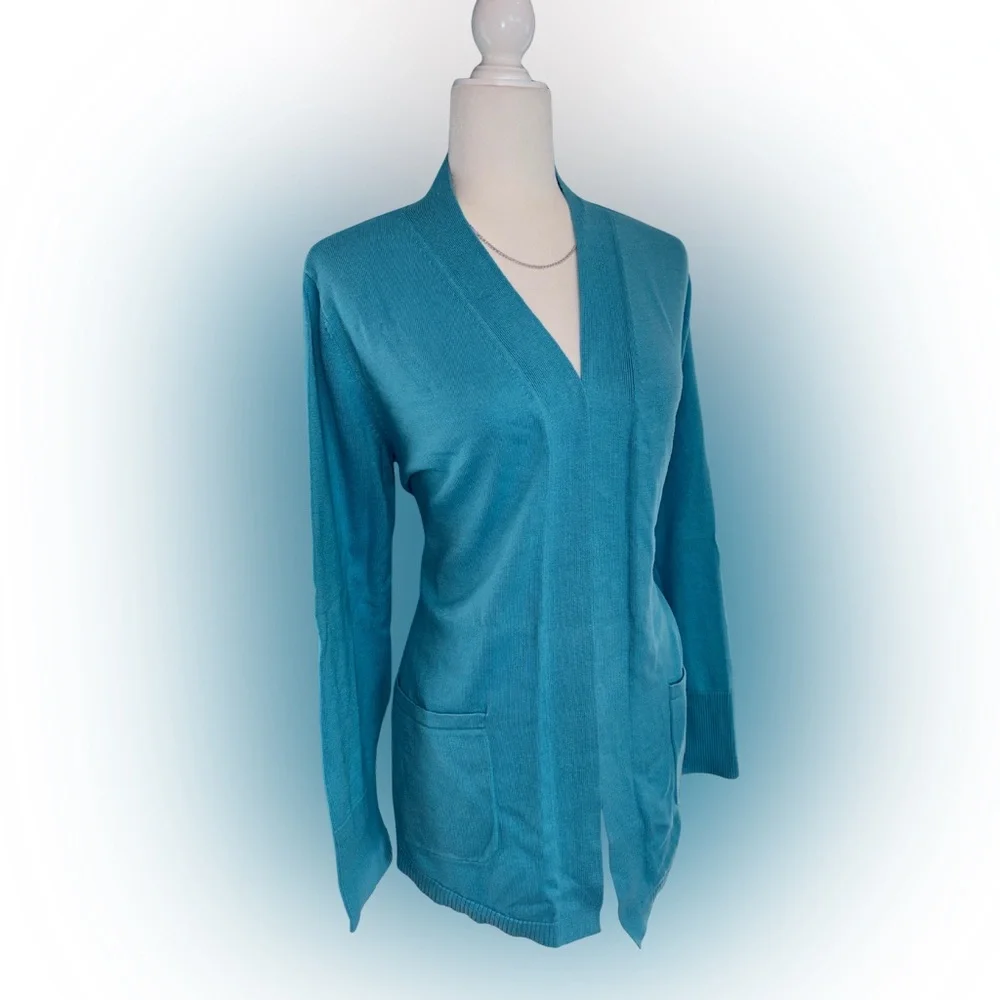 Isaac Mizrahi Aqua Teal Open Drape Front Long Sleeve Cardigan Size L - Picture 2 of 5